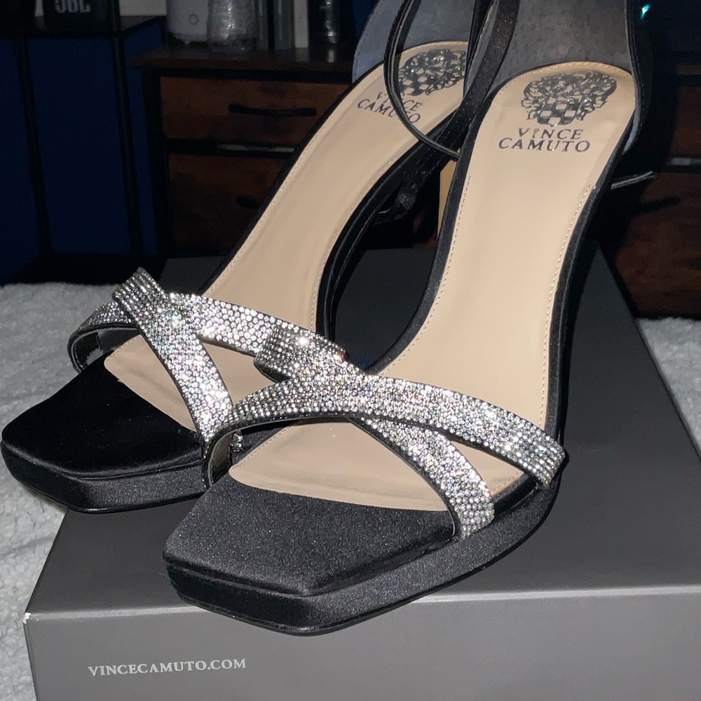 Vince Camuto Black Satin Heels with Silver Accents